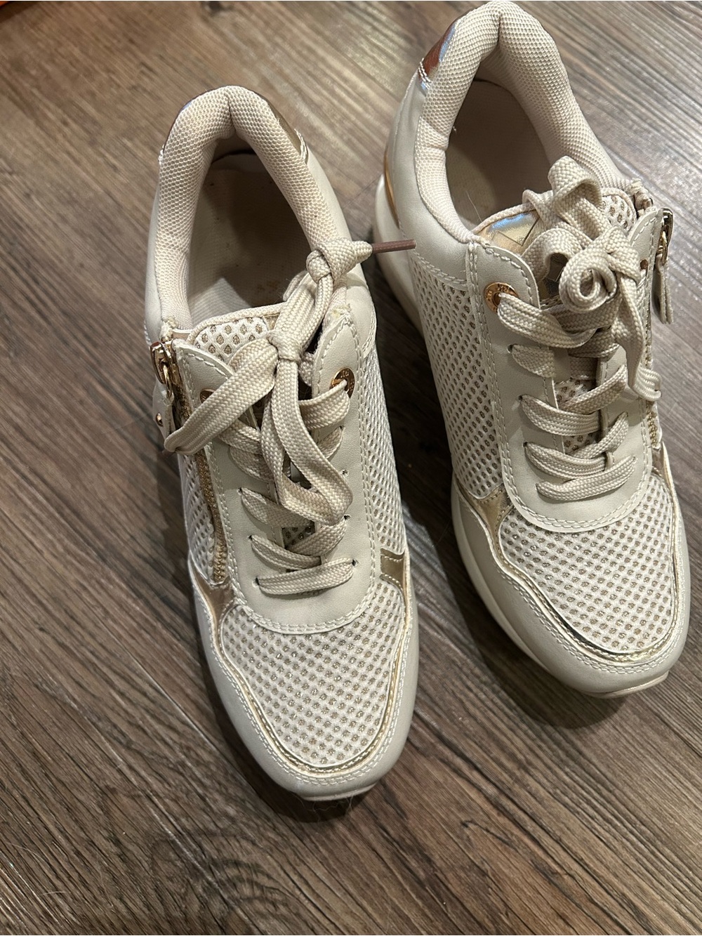 Women's Cream Mesh Athletic Sneakers with Gold Accents